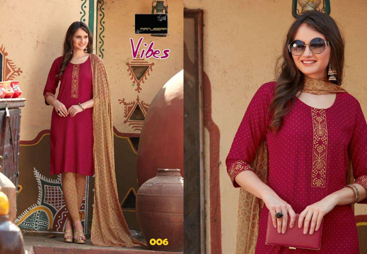 VIBES BY MANJEERA 101 TO 108 SERIES BEAUTIFUL SUITS COLORFUL STYLISH FANCY CASUAL WEAR & ETHNIC WEAR RAYON PRINT WITH WORK DRESSES AT WHOLESALE PRICE