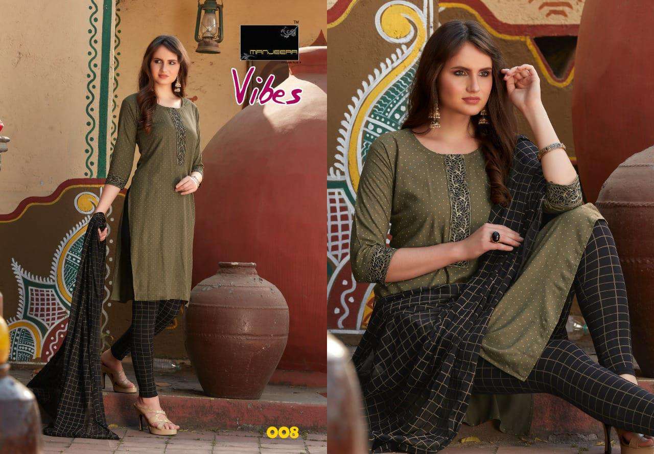 VIBES BY MANJEERA 101 TO 108 SERIES BEAUTIFUL SUITS COLORFUL STYLISH FANCY CASUAL WEAR & ETHNIC WEAR RAYON PRINT WITH WORK DRESSES AT WHOLESALE PRICE