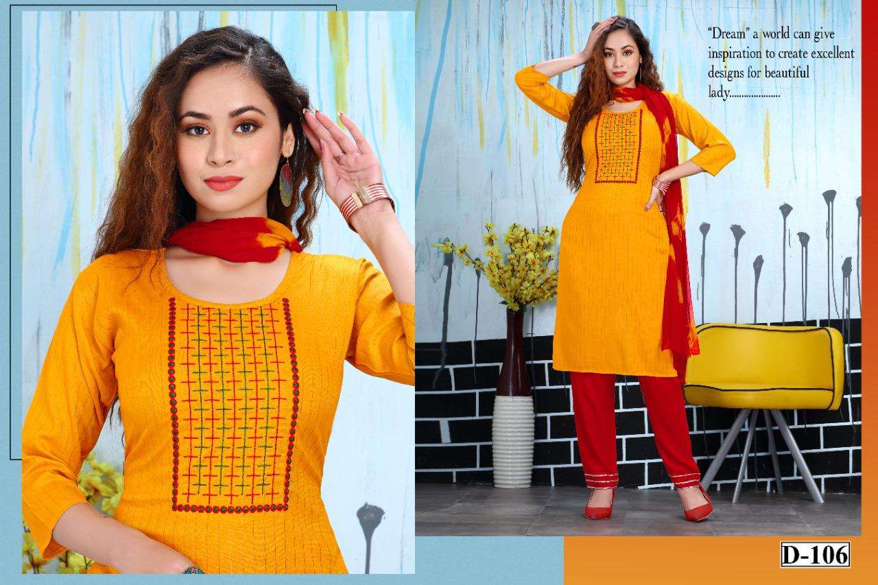 LUREX BY BEAUTY QUEEN 101 TO 107 SERIES BEAUTIFUL SUITS COLORFUL STYLISH FANCY CASUAL WEAR & ETHNIC WEAR HEAVY RAYON DRESSES AT WHOLESALE PRICE