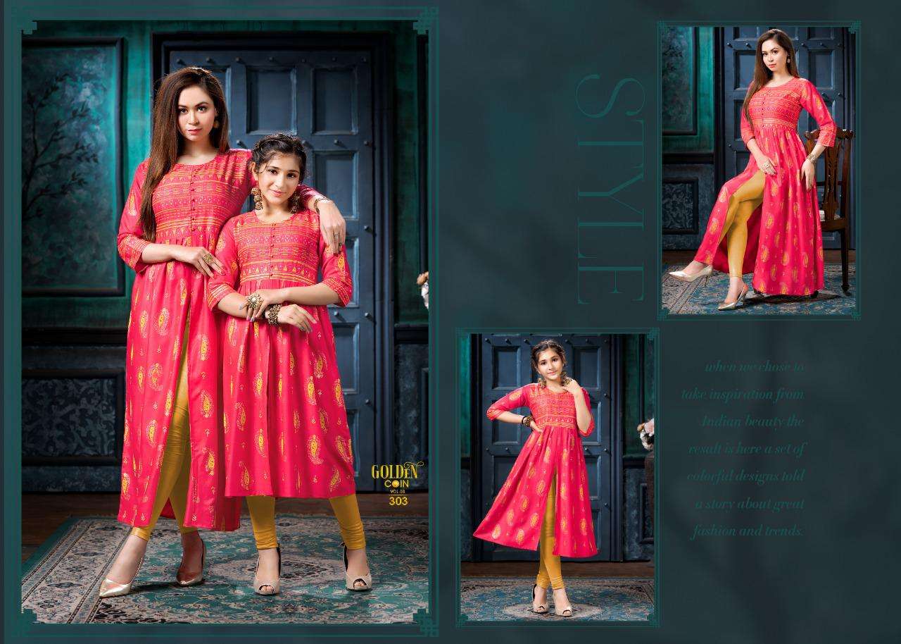 GOLDEN COIN VOL-3 BY BEAUTY QUEEN 301 TO 308 SERIES DESIGNER STYLISH FANCY COLORFUL BEAUTIFUL PARTY WEAR & ETHNIC WEAR COLLECTION HEAVY RAYON GOLD PRINT KURTIS AT WHOLESALE PRICE