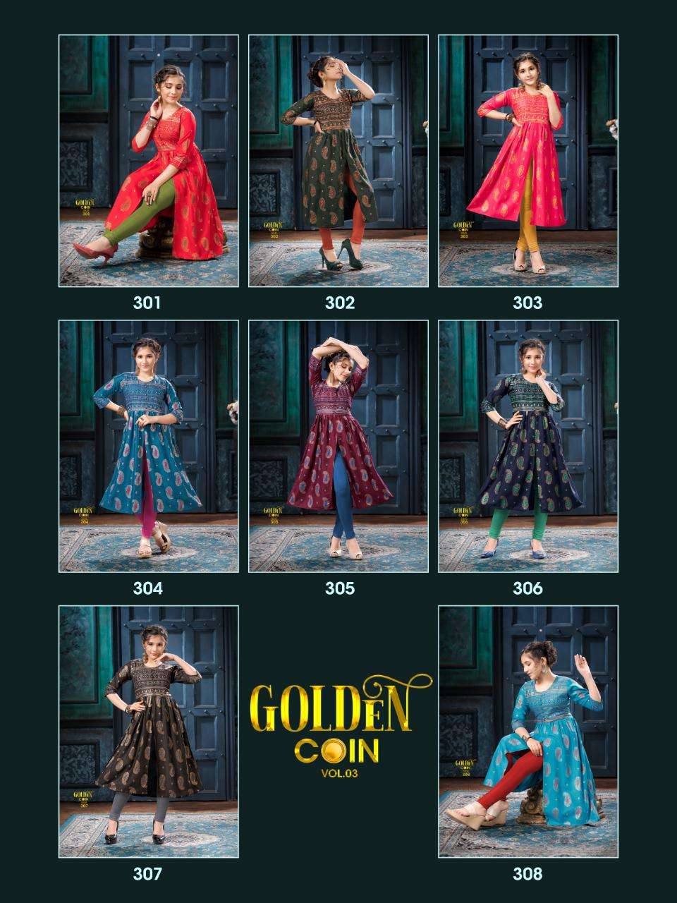 GOLDEN COIN VOL-3 BY BEAUTY QUEEN 301 TO 308 SERIES DESIGNER STYLISH FANCY COLORFUL BEAUTIFUL PARTY WEAR & ETHNIC WEAR COLLECTION HEAVY RAYON GOLD PRINT KURTIS AT WHOLESALE PRICE