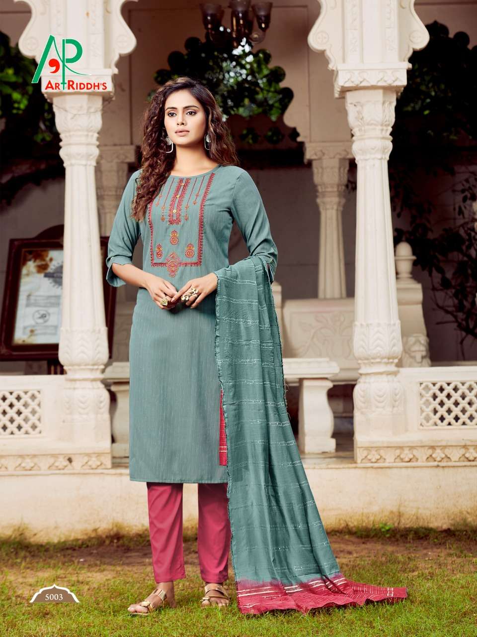 RRR BY ART RIDDHS 5001 TO 5007 SERIES DESIGNER STYLISH FANCY COLORFUL BEAUTIFUL PARTY WEAR & ETHNIC WEAR COLLECTION COTTON EMBROIDERY KURTIS WITH DUPATTA AT WHOLESALE PRICE