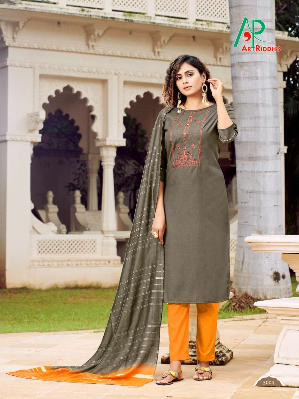 RRR BY ART RIDDHS 5001 TO 5007 SERIES DESIGNER STYLISH FANCY COLORFUL BEAUTIFUL PARTY WEAR & ETHNIC WEAR COLLECTION COTTON EMBROIDERY KURTIS WITH DUPATTA AT WHOLESALE PRICE