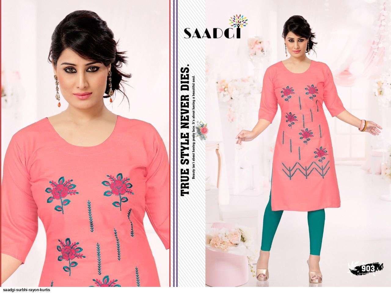 SURBHI BY SAADGI 901 TO 910 SERIES DESIGNER STYLISH FANCY COLORFUL BEAUTIFUL PARTY WEAR & ETHNIC WEAR COLLECTION RAYON EMBROIDERY KURTIS AT WHOLESALE PRICE