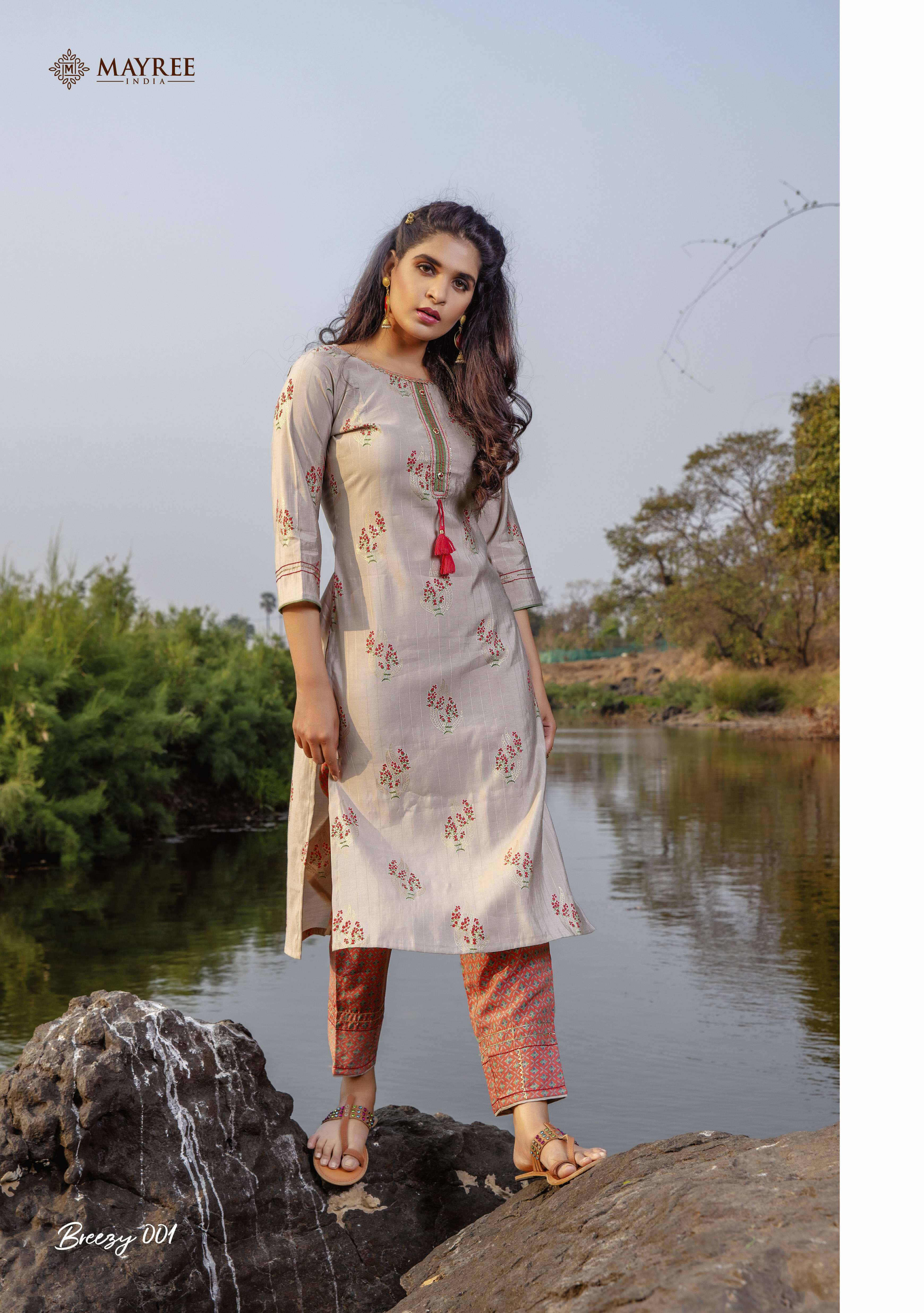 BREEZY BY MAYREE 001 TO 010 SERIES DESIGNER STYLISH FANCY COLORFUL BEAUTIFUL PARTY WEAR & ETHNIC WEAR COLLECTION RAYON PRINT WITH WORK KURTIS WITH BOTTOM AT WHOLESALE PRICE