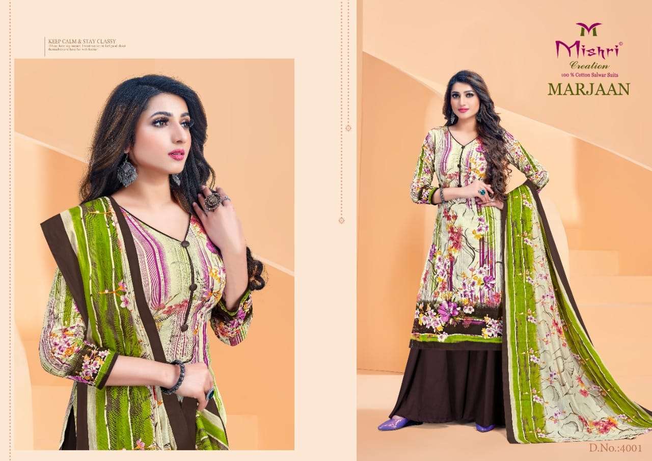 MARJAAN VOL-4 BY MISHRI 4001 TO 4010 SERIES BEAUTIFUL SUITS COLORFUL STYLISH FANCY CASUAL WEAR & ETHNIC WEAR COTTON PRINT DRESSES AT WHOLESALE PRICE