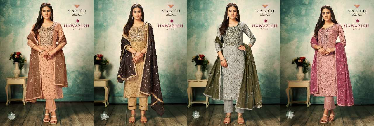 NAWAZISH VOL-2 BY VASTU TEX 201 TO 204 SERIES BEAUTIFUL SUITS COLORFUL STYLISH FANCY CASUAL WEAR & ETHNIC WEAR PURE LAWN COTTON PRINT DRESSES AT WHOLESALE PRICE