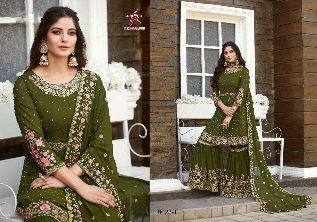 MISHAAL 8022 COLOURS BY MISHAAL FAB 8022-A TO 8022-F SERIES BEAUTIFUL PAKISTANI SUITS STYLISH COLORFUL FANCY CASUAL WEAR & ETHNIC WEAR HEAVY GEORGETTE EMBROIDERED DRESSES AT WHOLESALE PRICE