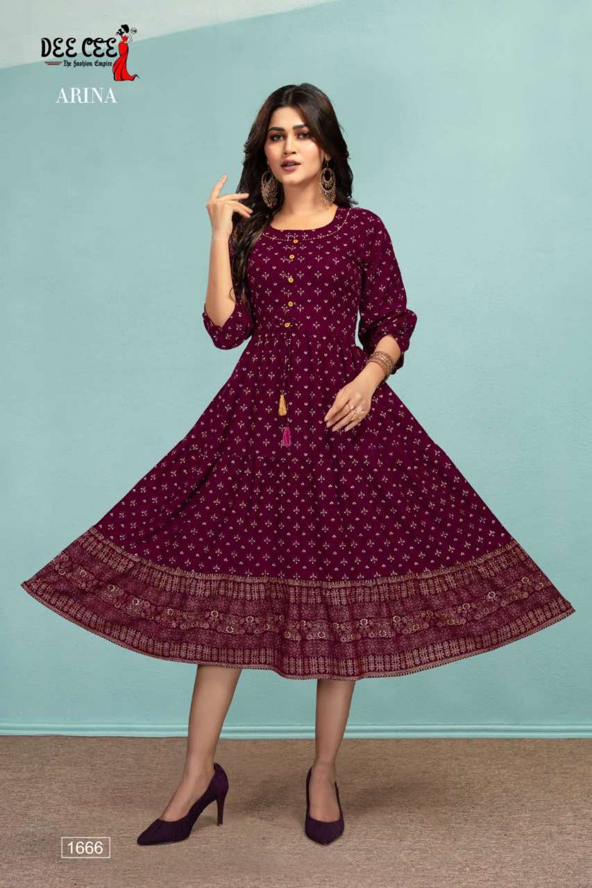 ARINA BY DEE CEE 1666 TO 1673 SERIES DESIGNER STYLISH FANCY COLORFUL BEAUTIFUL PARTY WEAR & ETHNIC WEAR COLLECTION RAYON KURTIS AT WHOLESALE PRICE