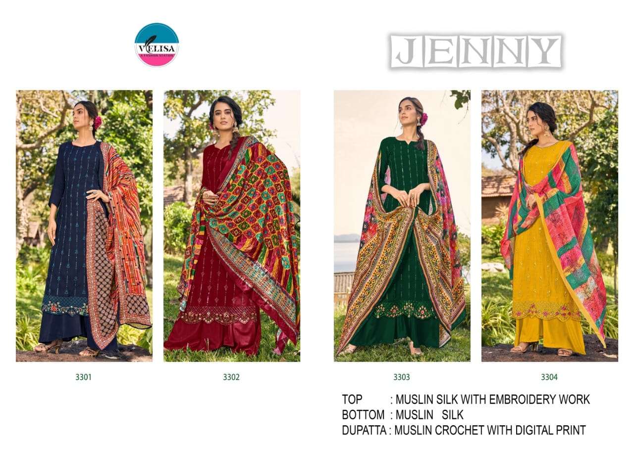 JENNY BY VELISA 3301 TO 3304 SERIES BEAUTIFUL SUITS COLORFUL STYLISH FANCY CASUAL WEAR & ETHNIC WEAR PURE MUSLIN SILK DRESSES AT WHOLESALE PRICE