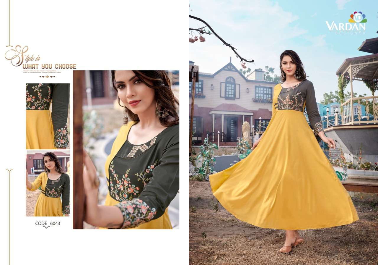 Ravia By Vardan Designer 6041 To 6044 Series Beautiful Stylish Fancy Colorful Casual Wear & Ethnic Wear Heavy Rayon Gowns At Wholesale Price