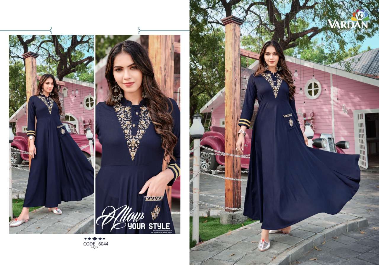 Ravia By Vardan Designer 6041 To 6044 Series Beautiful Stylish Fancy Colorful Casual Wear & Ethnic Wear Heavy Rayon Gowns At Wholesale Price