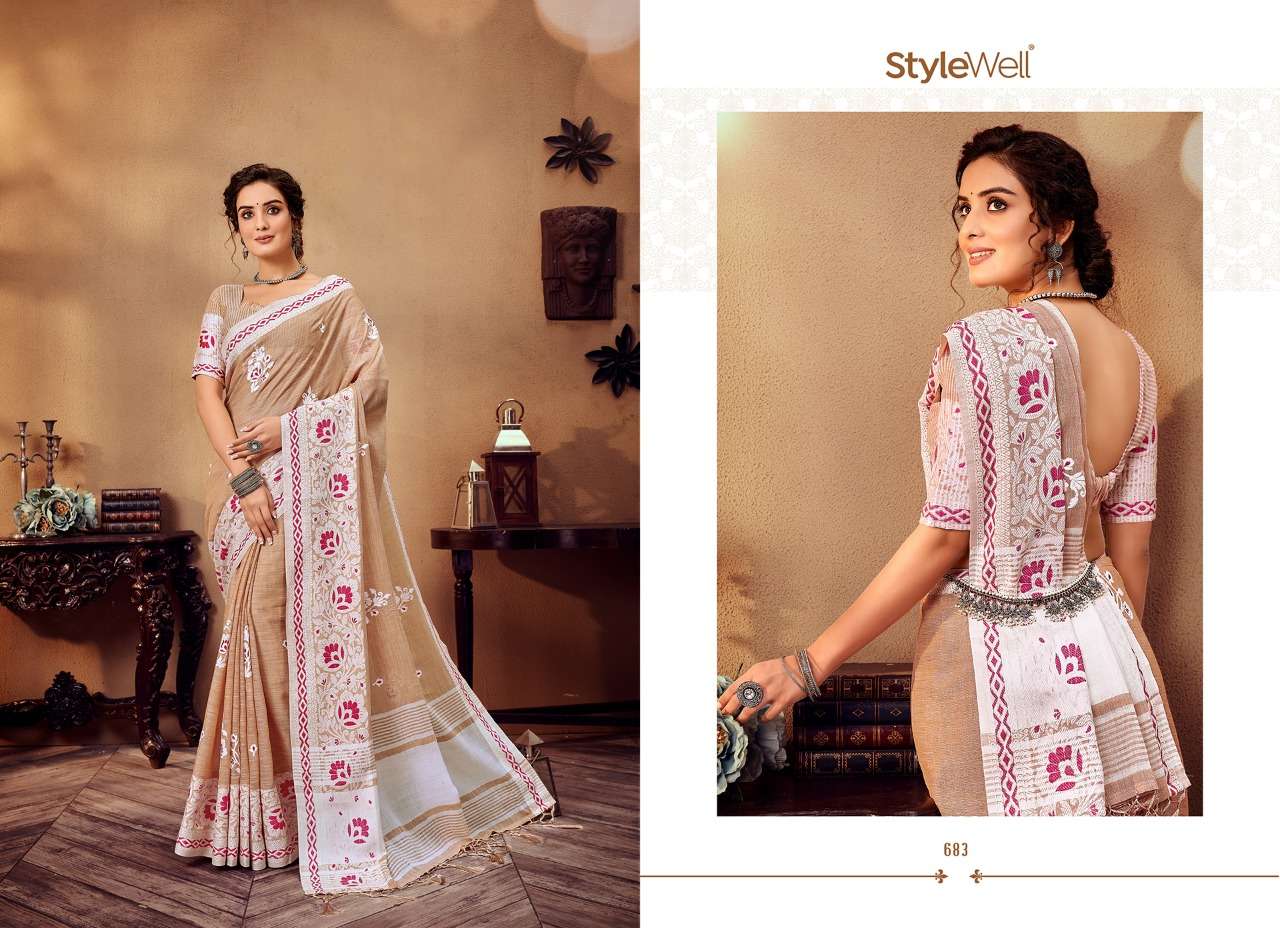 LAKHNAVI VOL-3 BY STYLEWELL 681 TO 688 SERIES INDIAN TRADITIONAL WEAR COLLECTION BEAUTIFUL STYLISH FANCY COLORFUL PARTY WEAR & OCCASIONAL WEAR JACQUARD LINEN EMBROIDERED SAREES AT WHOLESALE PRICE
