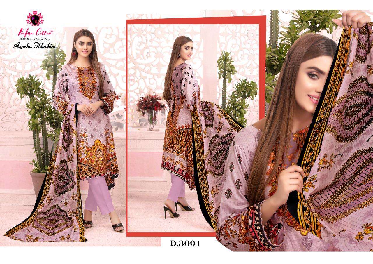 AYESHA IBRAHIM COTTON COLLECTION VOL-3 BY NAFISA COTTON 3001 TO 3006 SERIES BEAUTIFUL SUITS COLORFUL STYLISH FANCY CASUAL WEAR & ETHNIC WEAR COTTON PRINT DRESSES AT WHOLESALE PRICE