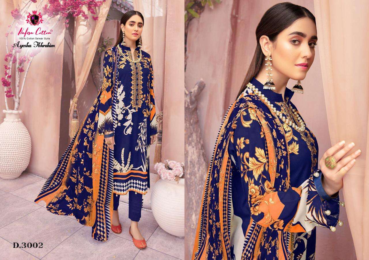 AYESHA IBRAHIM COTTON COLLECTION VOL-3 BY NAFISA COTTON 3001 TO 3006 SERIES BEAUTIFUL SUITS COLORFUL STYLISH FANCY CASUAL WEAR & ETHNIC WEAR COTTON PRINT DRESSES AT WHOLESALE PRICE
