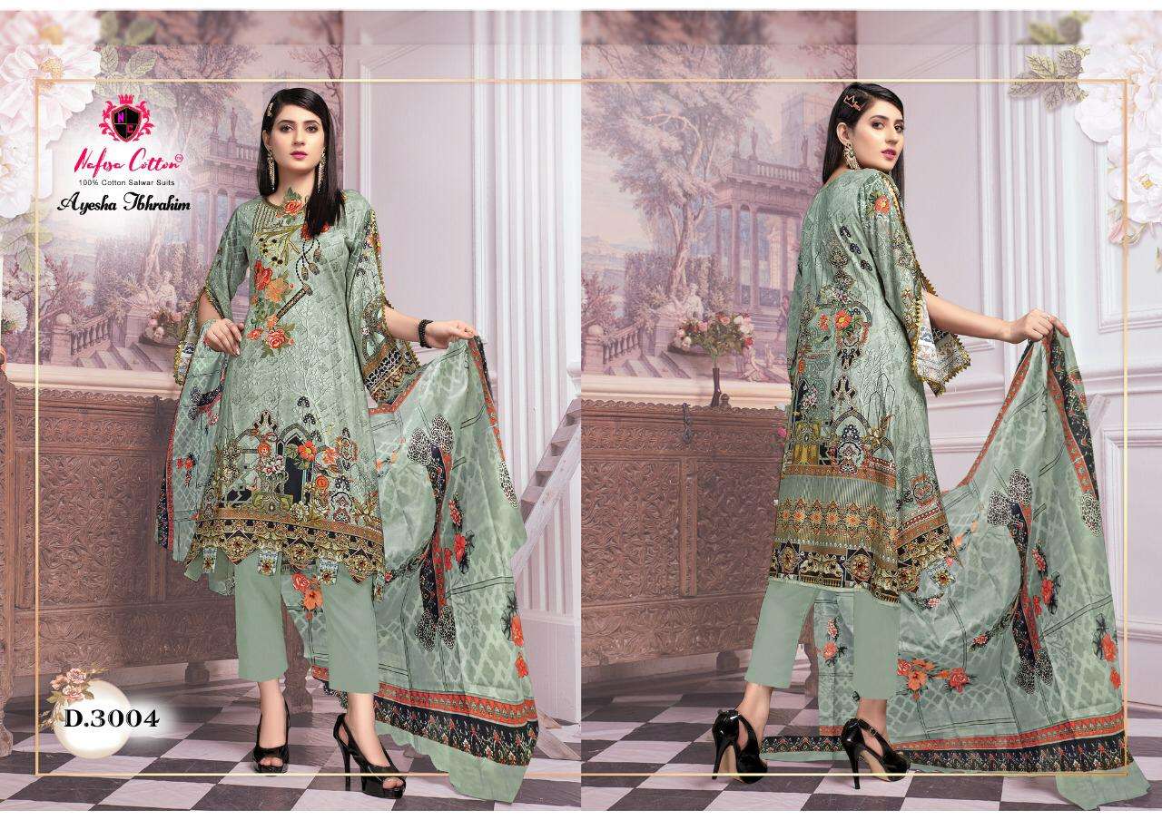 AYESHA IBRAHIM COTTON COLLECTION VOL-3 BY NAFISA COTTON 3001 TO 3006 SERIES BEAUTIFUL SUITS COLORFUL STYLISH FANCY CASUAL WEAR & ETHNIC WEAR COTTON PRINT DRESSES AT WHOLESALE PRICE