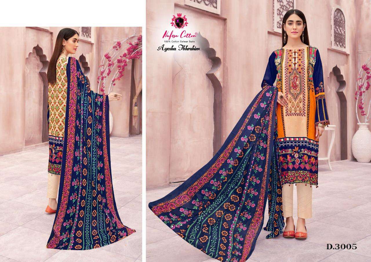 AYESHA IBRAHIM COTTON COLLECTION VOL-3 BY NAFISA COTTON 3001 TO 3006 SERIES BEAUTIFUL SUITS COLORFUL STYLISH FANCY CASUAL WEAR & ETHNIC WEAR COTTON PRINT DRESSES AT WHOLESALE PRICE