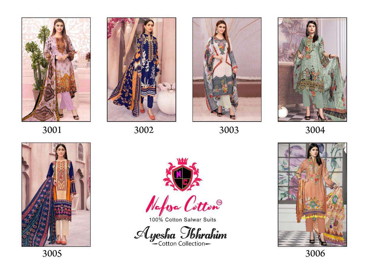 AYESHA IBRAHIM COTTON COLLECTION VOL-3 BY NAFISA COTTON 3001 TO 3006 SERIES BEAUTIFUL SUITS COLORFUL STYLISH FANCY CASUAL WEAR & ETHNIC WEAR COTTON PRINT DRESSES AT WHOLESALE PRICE