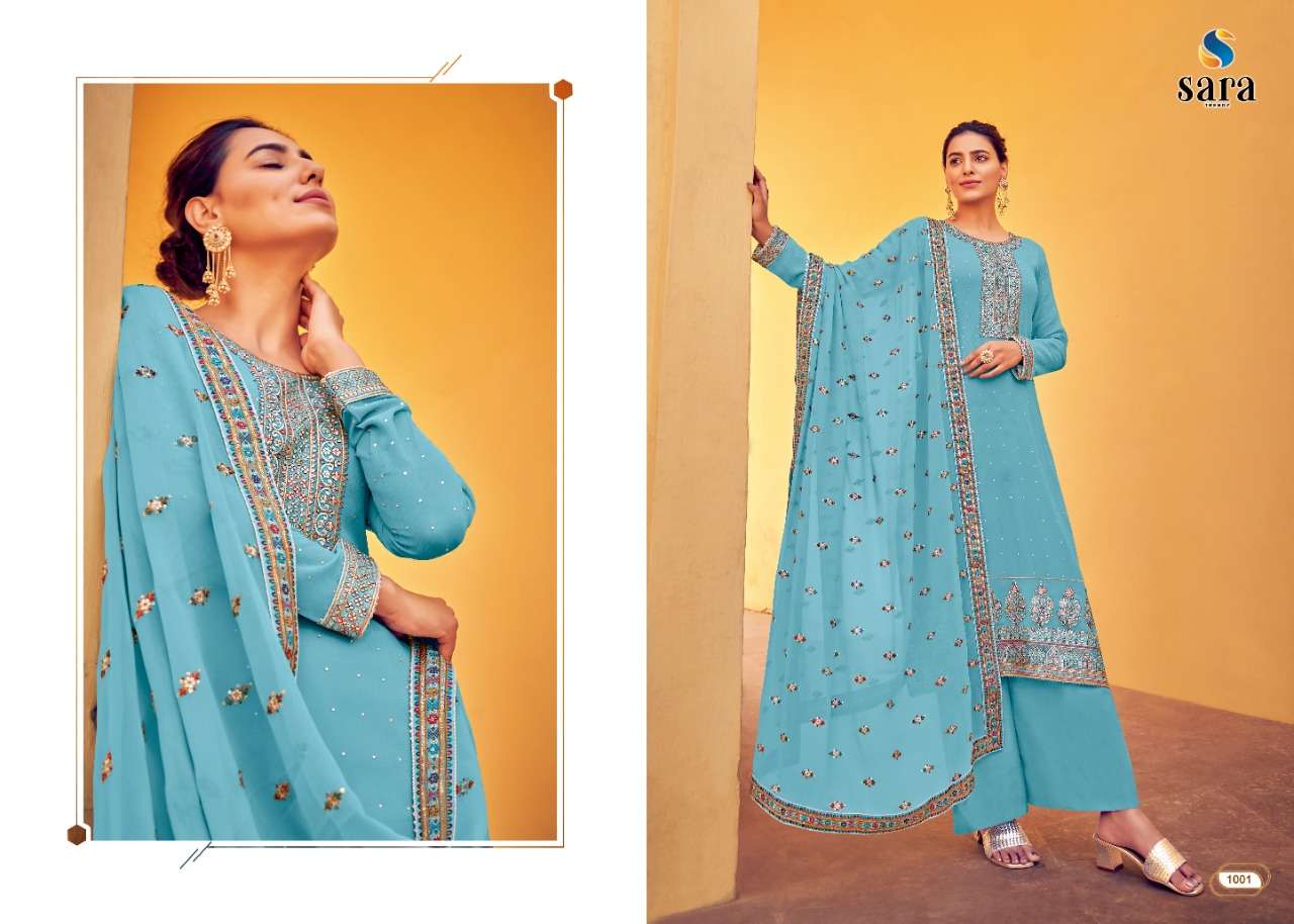 NAAZ BY SARA TRENDZ 1001 TO 1004 SERIES BEAUTIFUL SHARARA SUITS COLORFUL STYLISH FANCY CASUAL WEAR & ETHNIC WEAR GEORGETTE EMBROIDERED DRESSES AT WHOLESALE PRICE