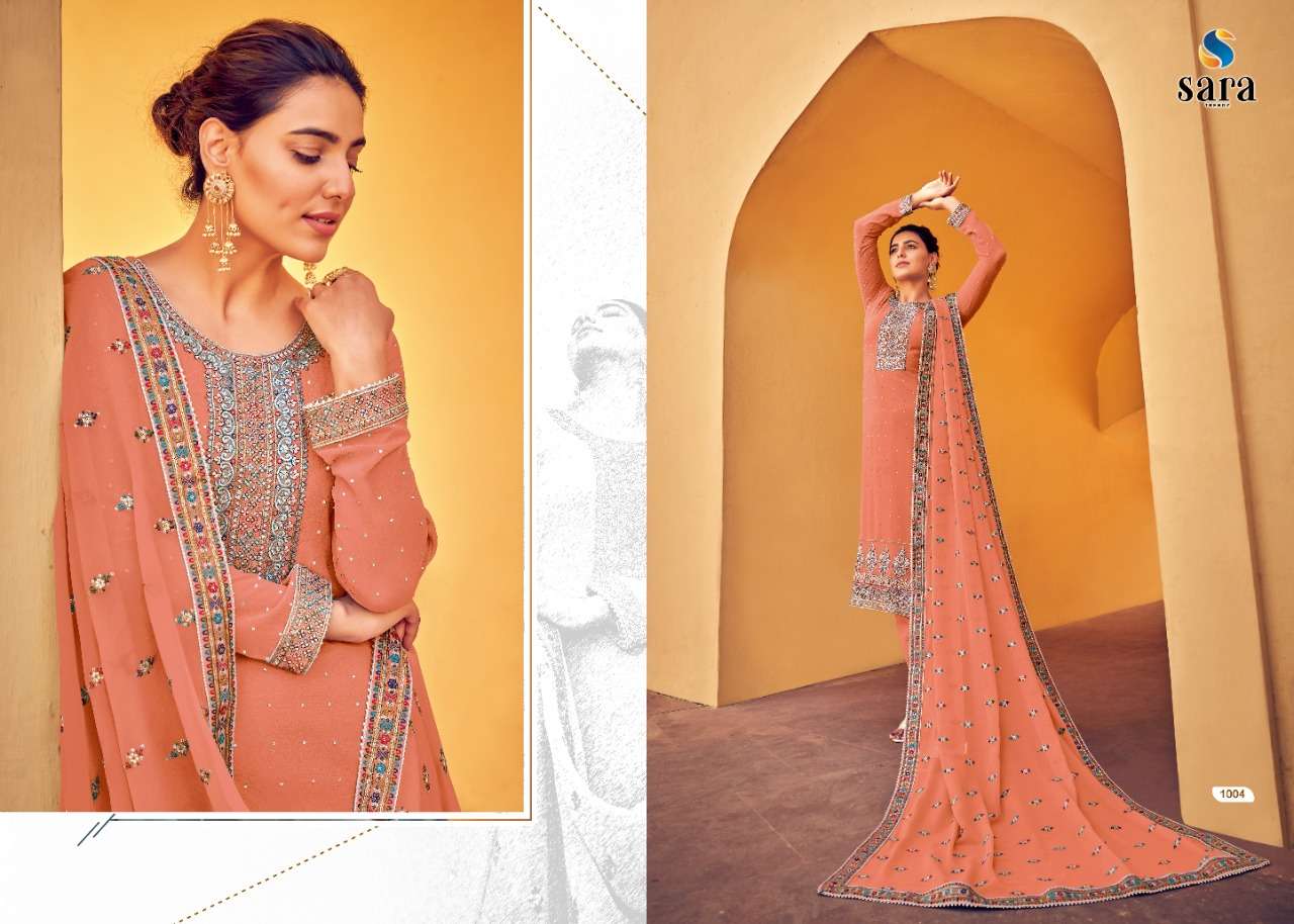 NAAZ BY SARA TRENDZ 1001 TO 1004 SERIES BEAUTIFUL SHARARA SUITS COLORFUL STYLISH FANCY CASUAL WEAR & ETHNIC WEAR GEORGETTE EMBROIDERED DRESSES AT WHOLESALE PRICE
