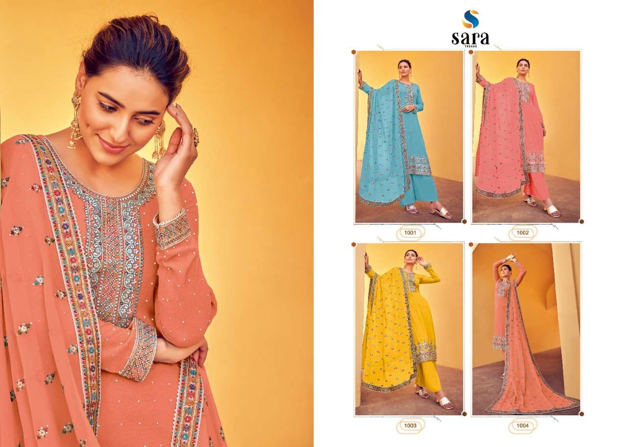 NAAZ BY SARA TRENDZ 1001 TO 1004 SERIES BEAUTIFUL SHARARA SUITS COLORFUL STYLISH FANCY CASUAL WEAR & ETHNIC WEAR GEORGETTE EMBROIDERED DRESSES AT WHOLESALE PRICE