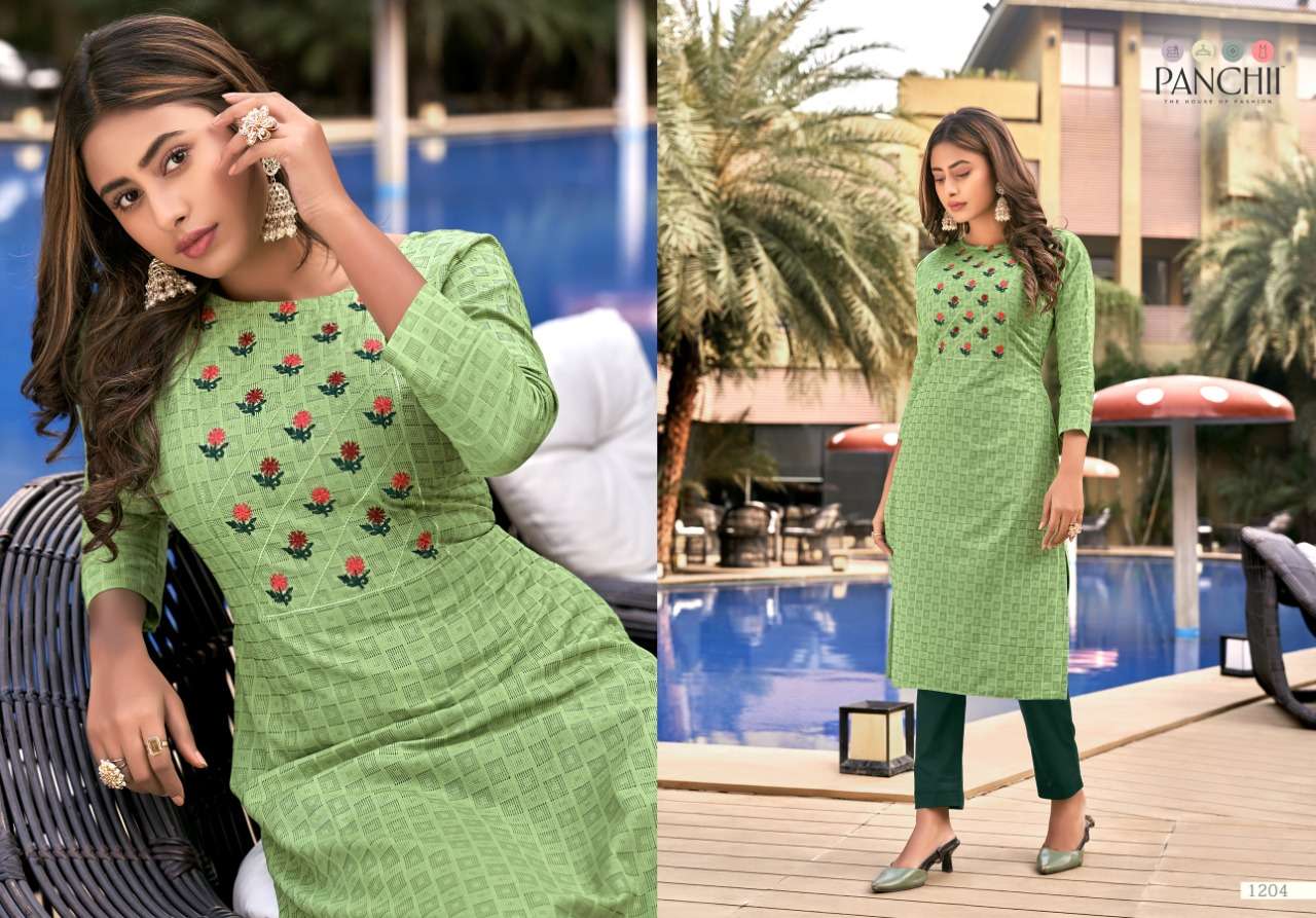 NEW LOOK BY PANCHII 1201 TO 1212 SERIES DESIGNER STYLISH FANCY COLORFUL BEAUTIFUL PARTY WEAR & ETHNIC WEAR COLLECTION HANDLOOM COTTON EMBROIDERY KURTIS AT WHOLESALE PRICE