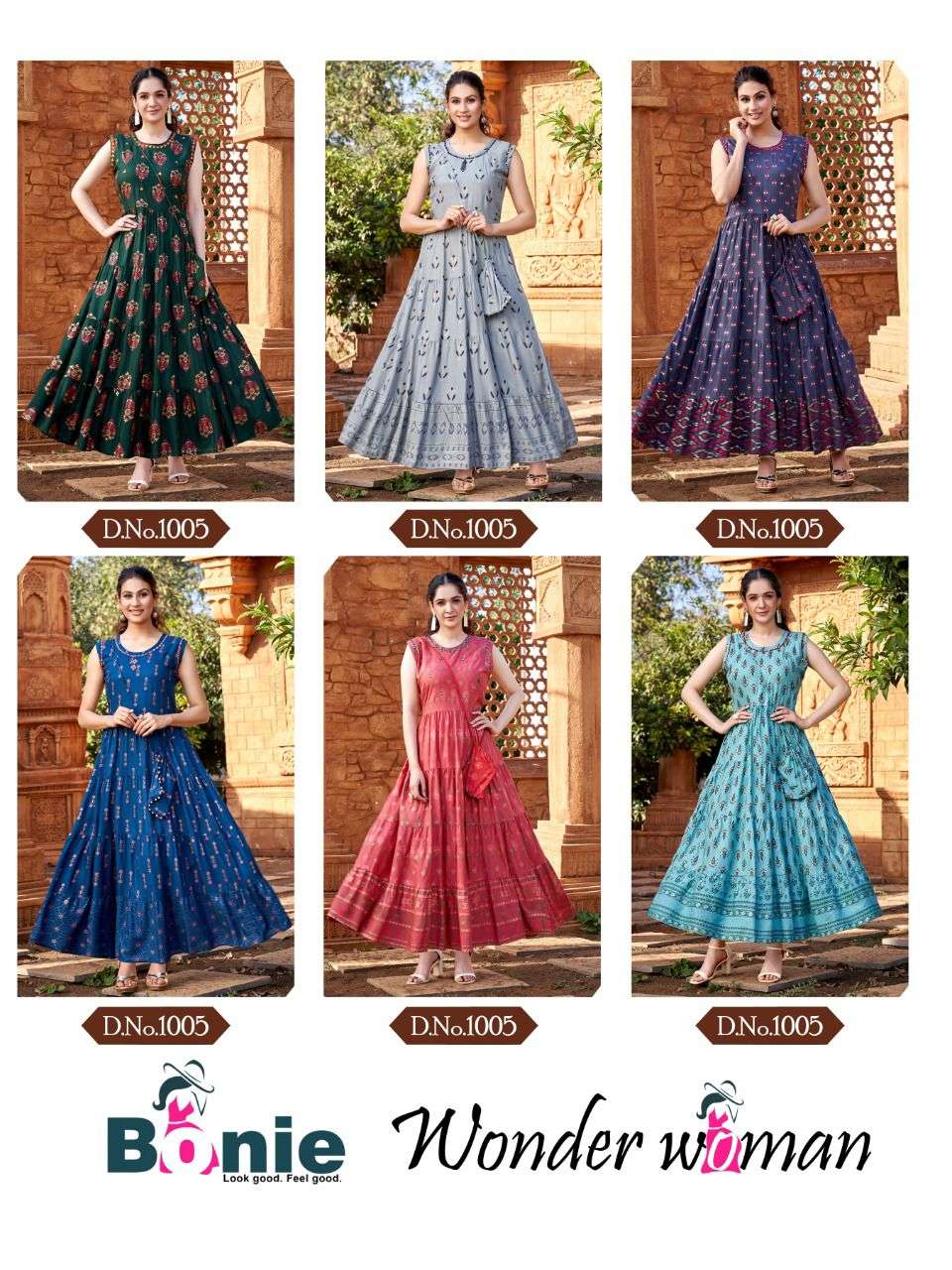 WONDER WOMAN BY BONIE 1001 TO 1006 SERIES BEAUTIFUL STYLISH FANCY COLORFUL CASUAL WEAR & ETHNIC WEAR PURE RAYON GOWNS AT WHOLESALE PRICE