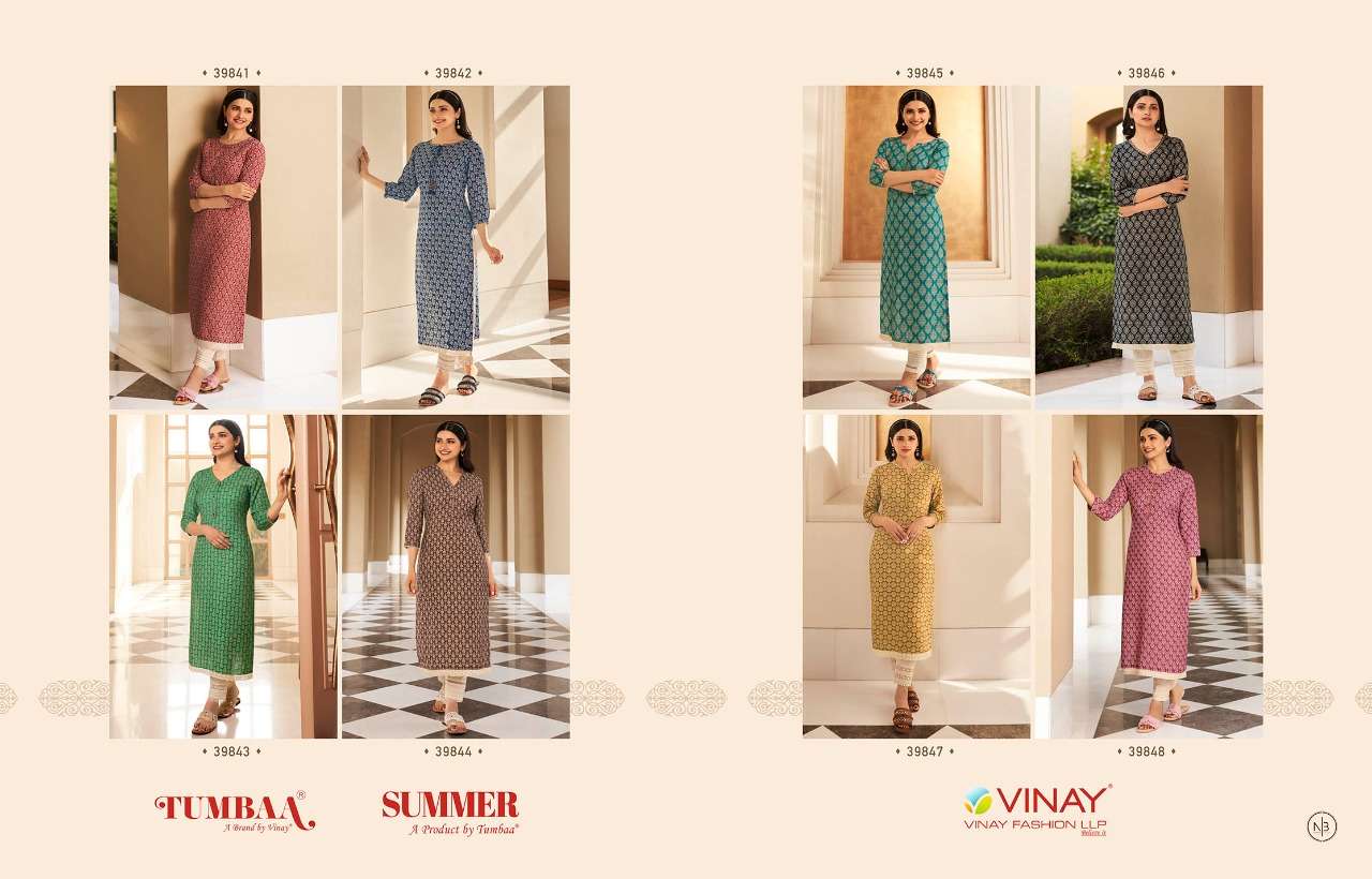 TUMBAA SUMMER BY VINAY FASHION 39841 TO 36848 SERIES DESIGNER STYLISH FANCY COLORFUL BEAUTIFUL PARTY WEAR & ETHNIC WEAR COLLECTION COTTON EMBROIDERED KURTIS WITH BOTTOM AT WHOLESALE PRICE
