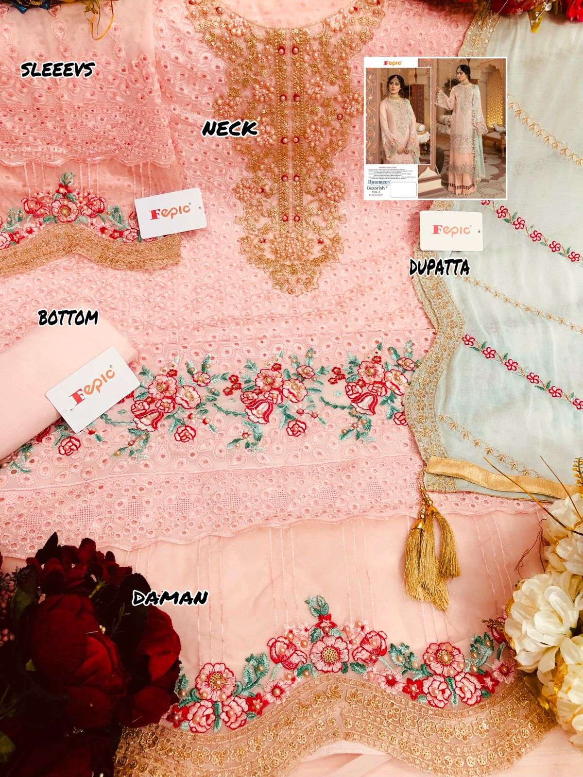 ROSEMEEN GUZARISH VOL-3 BY FEPIC 91036 TO 91039 SERIES DESIGNER PAKISTANI SUITS COLLECTION BEAUTIFUL STYLISH FANCY COLORFUL PARTY WEAR & OCCASIONAL WEAR FAUX GEORGETTE EMBROIDERED DRESSES AT WHOLESALE PRICE