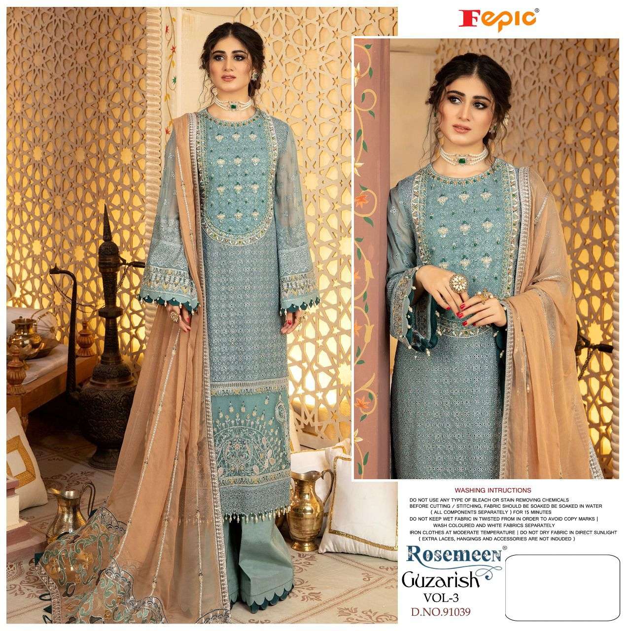 ROSEMEEN GUZARISH VOL-3 BY FEPIC 91036 TO 91039 SERIES DESIGNER PAKISTANI SUITS COLLECTION BEAUTIFUL STYLISH FANCY COLORFUL PARTY WEAR & OCCASIONAL WEAR FAUX GEORGETTE EMBROIDERED DRESSES AT WHOLESALE PRICE
