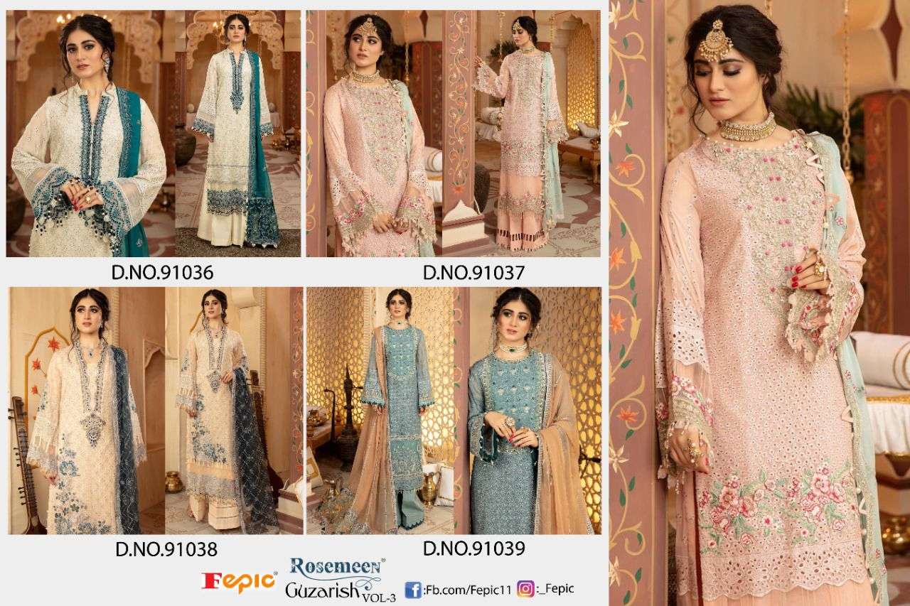 ROSEMEEN GUZARISH VOL-3 BY FEPIC 91036 TO 91039 SERIES DESIGNER PAKISTANI SUITS COLLECTION BEAUTIFUL STYLISH FANCY COLORFUL PARTY WEAR & OCCASIONAL WEAR FAUX GEORGETTE EMBROIDERED DRESSES AT WHOLESALE PRICE