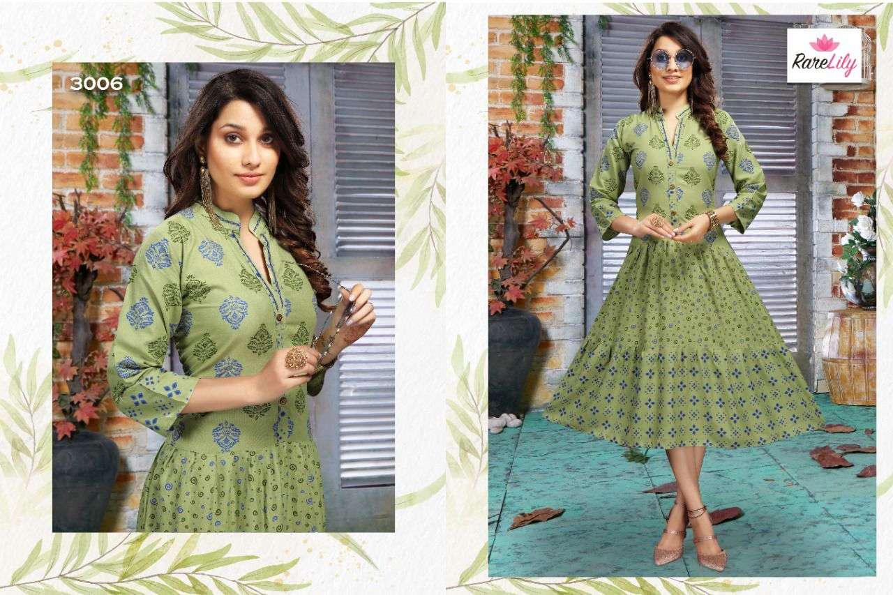 KIARA VOL-2 BY RARE LILY 3001 TO 3007 SERIES DESIGNER STYLISH FANCY COLORFUL BEAUTIFUL PARTY WEAR & ETHNIC WEAR COLLECTION RAYON PRINT KURTIS AT WHOLESALE PRICE