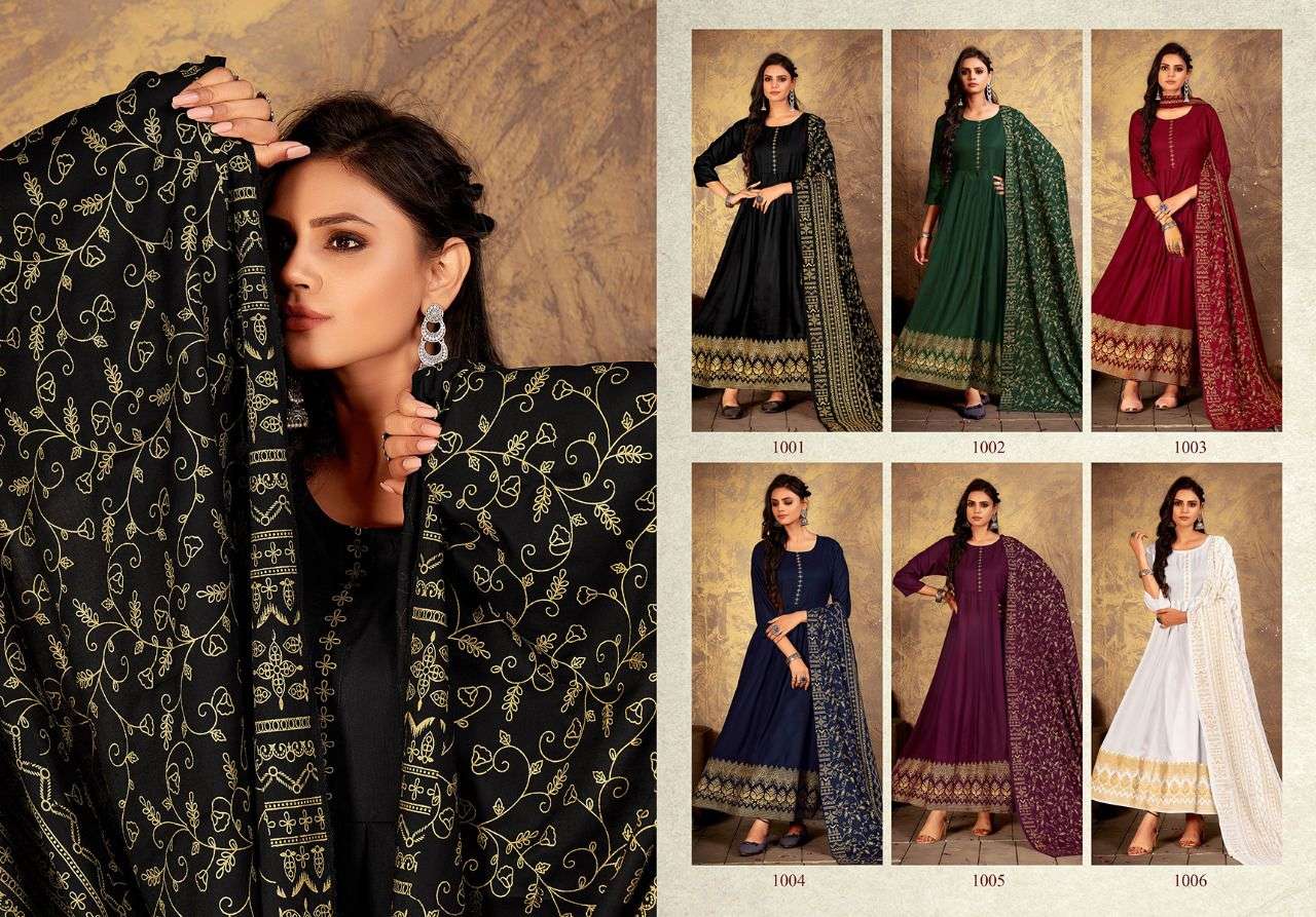 ANKITA BY RANI BHATIYANI 1001 TO 1006 SERIES BEAUTIFUL STYLISH FANCY COLORFUL CASUAL WEAR & ETHNIC WEAR RAYON FOIL PRINT GOWNS WITH DUPATTA AT WHOLESALE PRICE