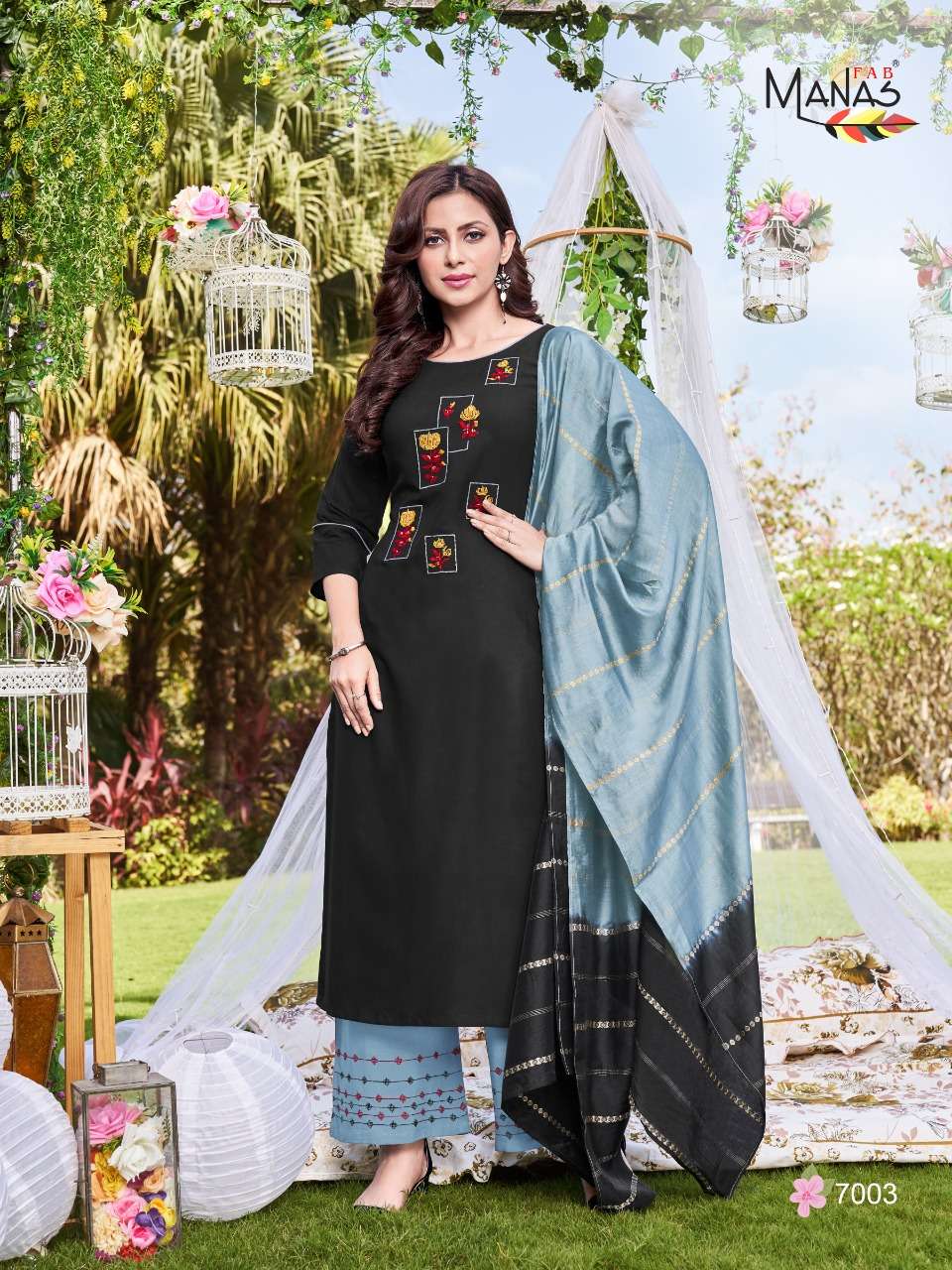ALINA BY MANAS FAB 7001 TO 7006 SERIES BEAUTIFUL SUITS COLORFUL STYLISH FANCY CASUAL WEAR & ETHNIC WEAR RAYON EMBROIDERED DRESSES AT WHOLESALE PRICE