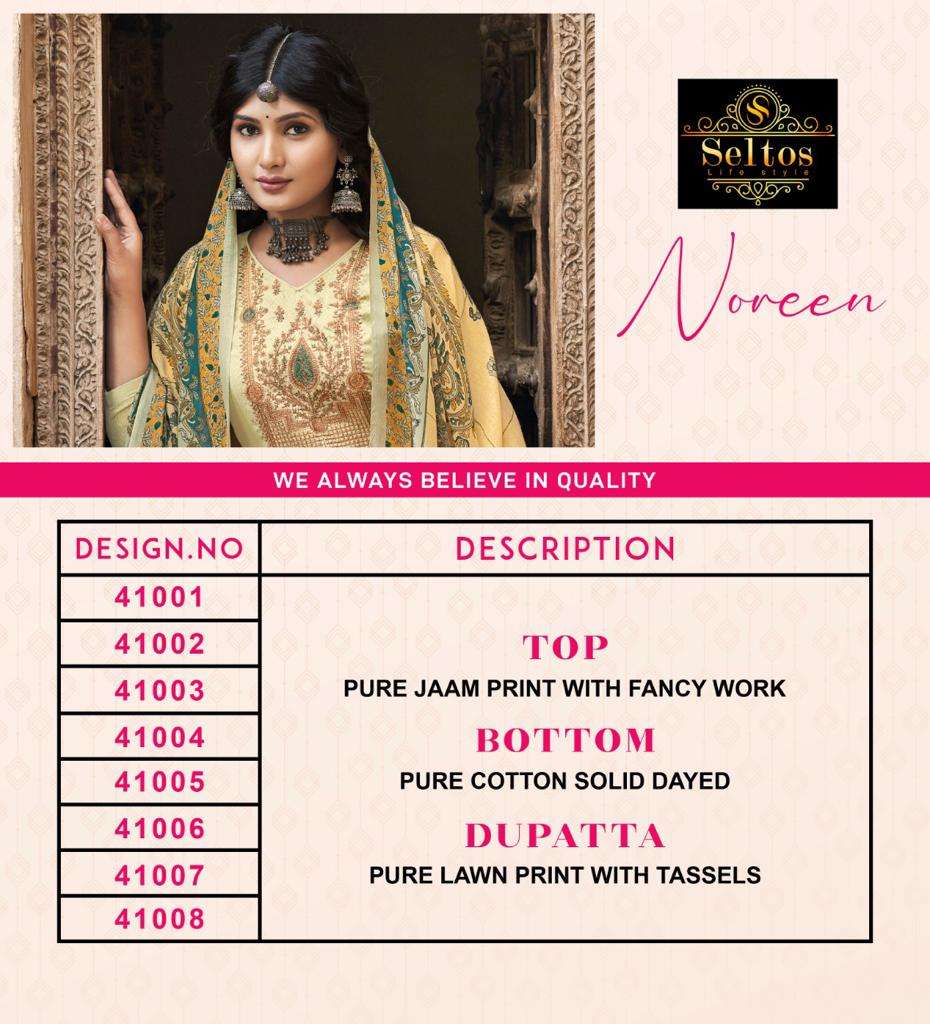 NOREEN BY SELTOS 41001 TO 41008 SERIES BEAUTIFUL SUITS COLORFUL STYLISH FANCY CASUAL WEAR & ETHNIC WEAR PURE JAM PRINT DRESSES AT WHOLESALE PRICE