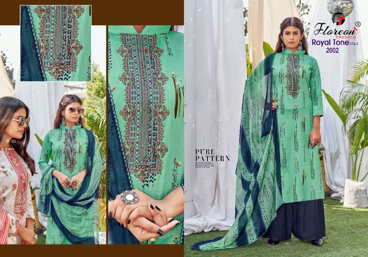 ROYAL TONE VOL-2 BY FLOREON TRENDS 2001 TO 2010 SERIES BEAUTIFUL SUITS COLORFUL STYLISH FANCY CASUAL WEAR & ETHNIC WEAR GLACE SATIN COTTON EMBROIDERED DRESSES AT WHOLESALE PRICE