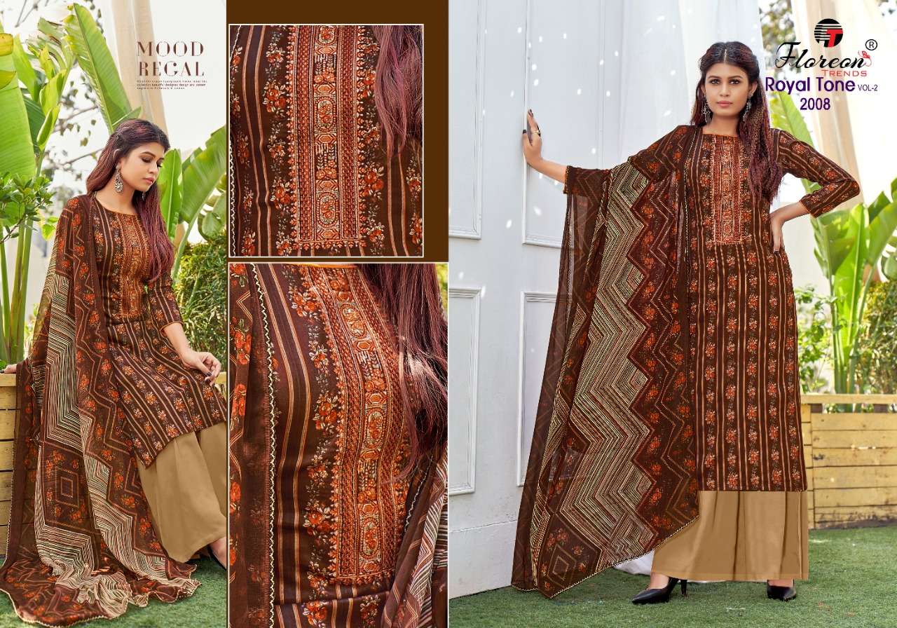 ROYAL TONE VOL-2 BY FLOREON TRENDS 2001 TO 2010 SERIES BEAUTIFUL SUITS COLORFUL STYLISH FANCY CASUAL WEAR & ETHNIC WEAR GLACE SATIN COTTON EMBROIDERED DRESSES AT WHOLESALE PRICE