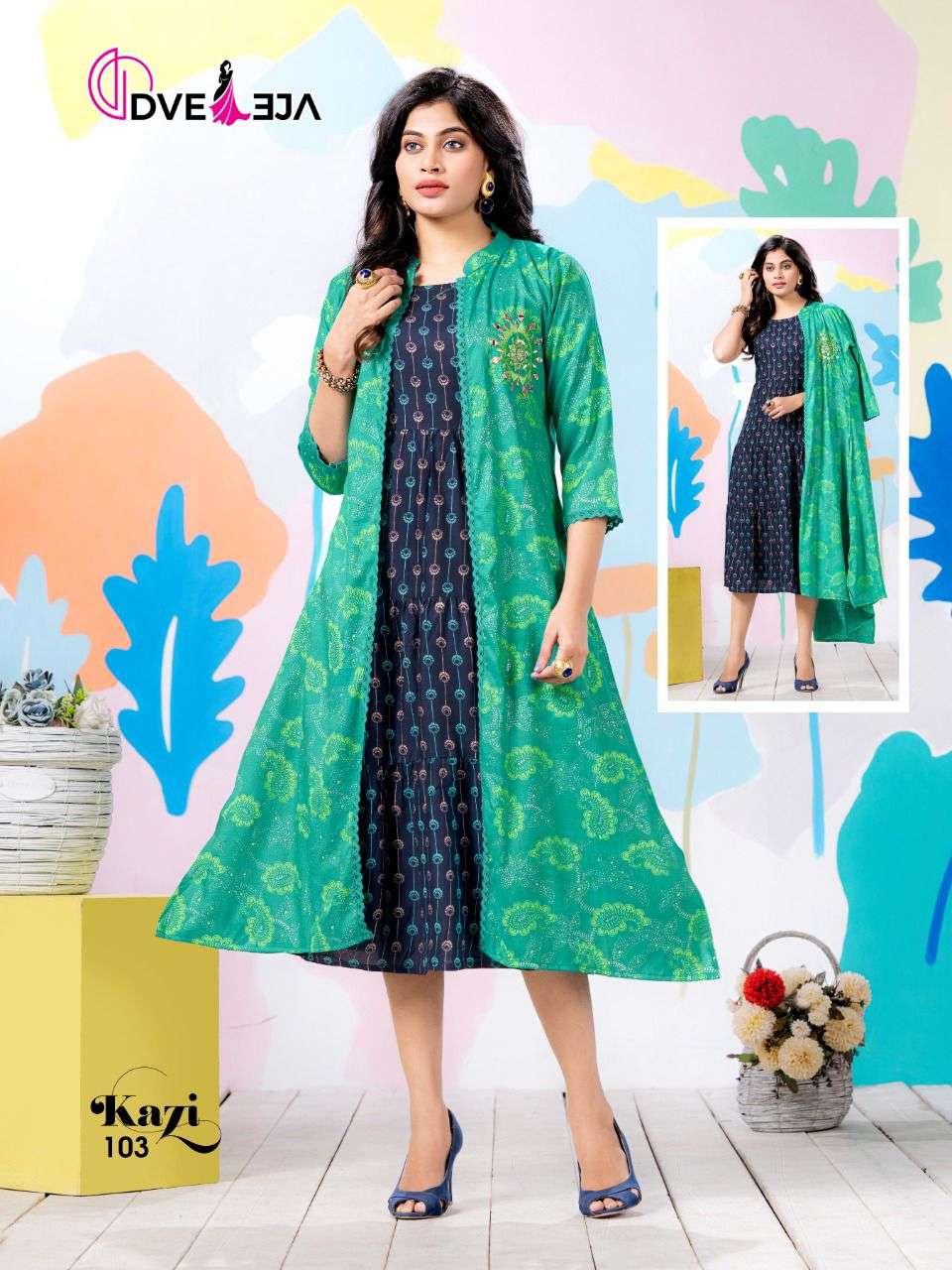 KAZI BY DVEEJA 101 TO 108 SERIES DESIGNER STYLISH FANCY COLORFUL BEAUTIFUL PARTY WEAR & ETHNIC WEAR COLLECTION HEAVY RAYON KURTIS WITH JACKET AT WHOLESALE PRICE
