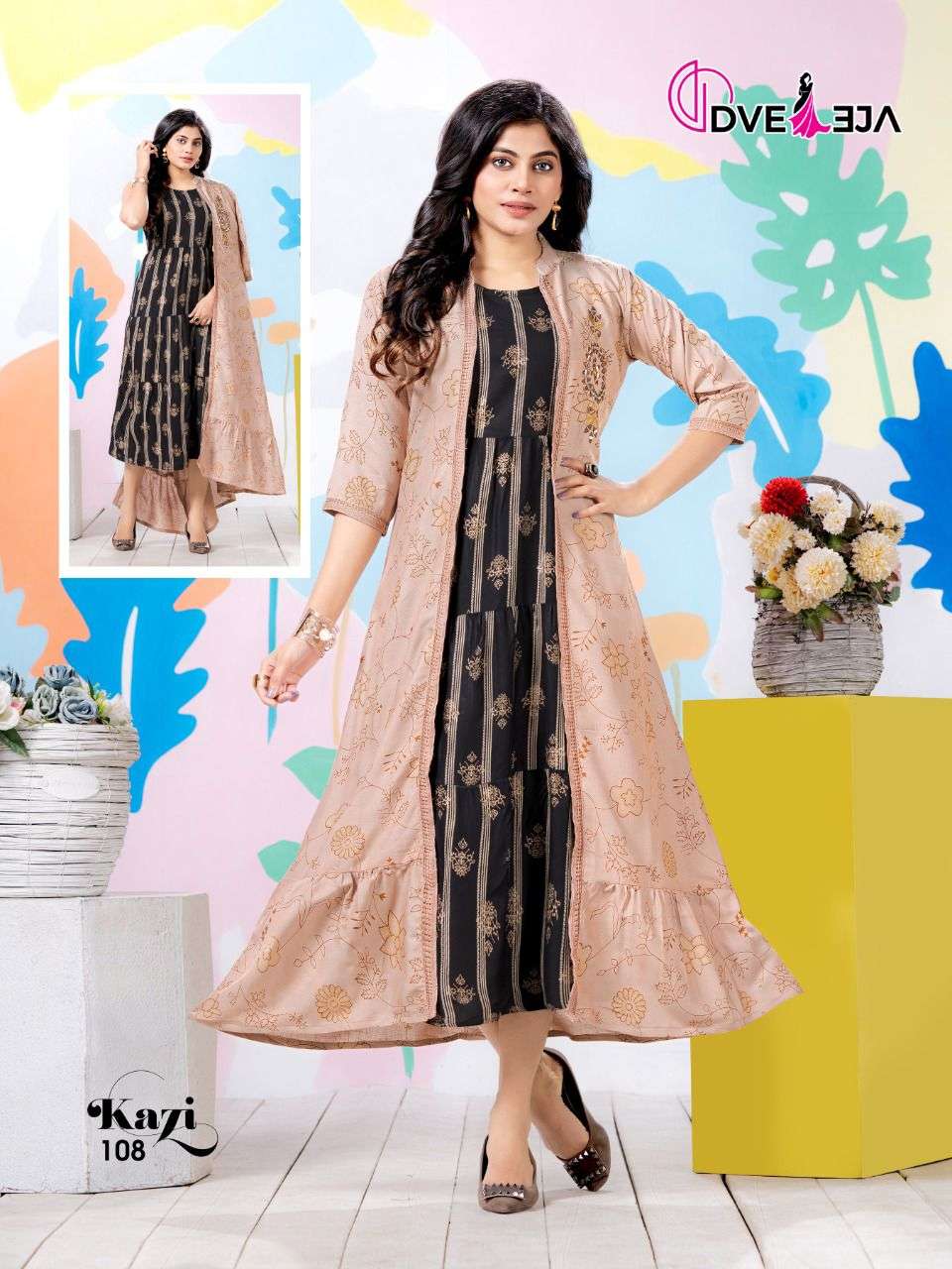 KAZI BY DVEEJA 101 TO 108 SERIES DESIGNER STYLISH FANCY COLORFUL BEAUTIFUL PARTY WEAR & ETHNIC WEAR COLLECTION HEAVY RAYON KURTIS WITH JACKET AT WHOLESALE PRICE