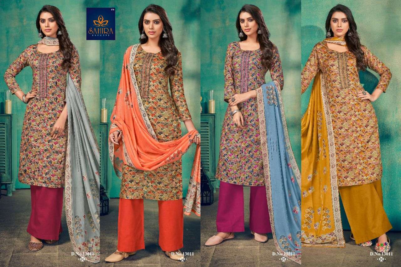 SAHIRA 13011 COLOURS BY SAHIRA EXPORTS 13011-A TO 13011-D SERIES BEAUTIFUL STYLISH SUITS FANCY COLORFUL CASUAL WEAR & ETHNIC WEAR & READY TO WEAR PURE JAM EMBRODERED DRESSES AT WHOLESALE PRICE