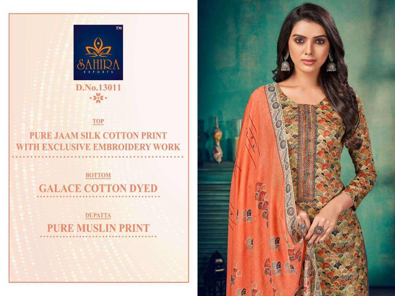 SAHIRA 13011 COLOURS BY SAHIRA EXPORTS 13011-A TO 13011-D SERIES BEAUTIFUL STYLISH SUITS FANCY COLORFUL CASUAL WEAR & ETHNIC WEAR & READY TO WEAR PURE JAM EMBRODERED DRESSES AT WHOLESALE PRICE
