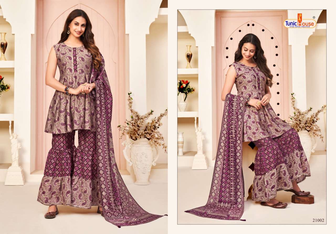 HERLIN VOL-2 BY TUNIC HOUSE 21001 TO 21006 SERIES BEAUTIFUL SHARARA SUITS COLORFUL STYLISH FANCY CASUAL WEAR & ETHNIC WEAR MUSLIN SILK DIGITAL PRINT DRESSES AT WHOLESALE PRICE