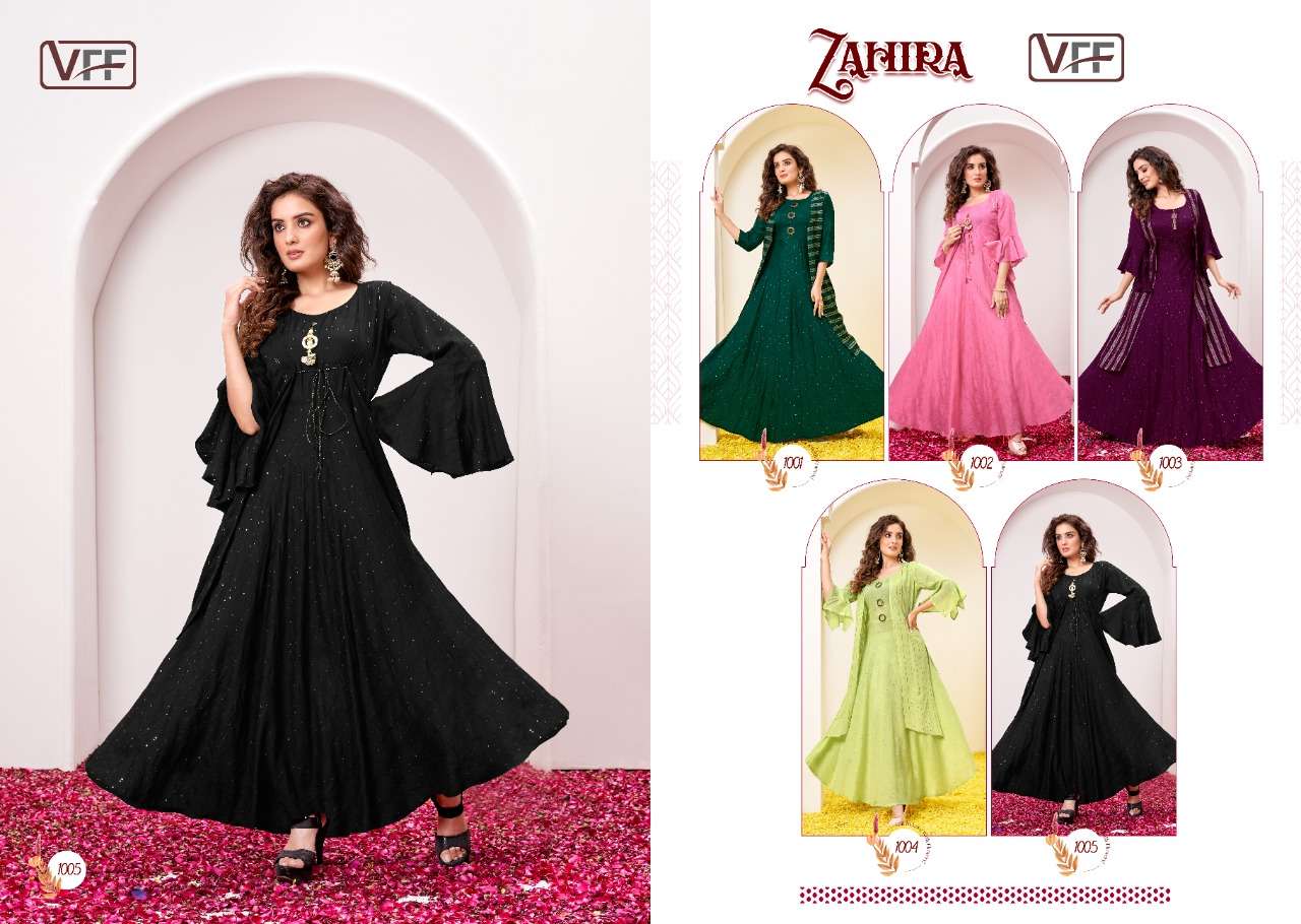 ZAHIRA BY VFF 1001 TO 1005 SERIES BEAUTIFUL STYLISH FANCY COLORFUL CASUAL WEAR & ETHNIC WEAR PURE CHANDERI GOWNS WITH KOTI AT WHOLESALE PRICE