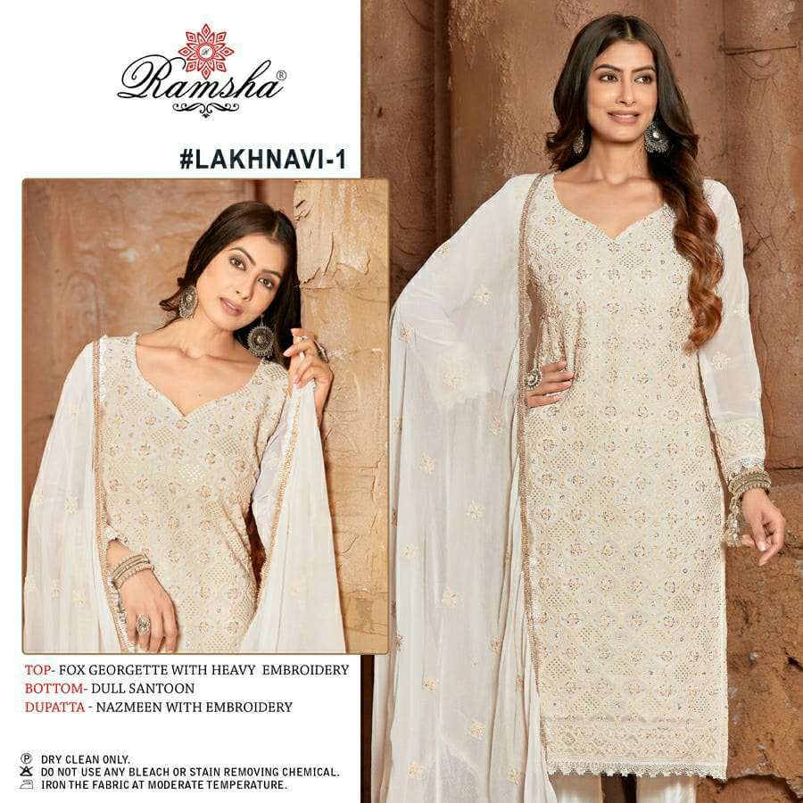 LAKHNAVI BY RAMSHA BEAUTIFUL STYLISH PAKISTANI SUITS FANCY COLORFUL CASUAL WEAR & ETHNIC WEAR & READY TO WEAR FAUX GEORGETTE EMBROIDERY DRESSES AT WHOLESALE PRICE
