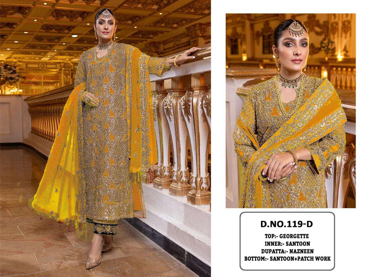 Kf-119 Colours By Fashid Wholesale 119 To 119-E Series Pakistani Suits Collection Beautiful Stylish Fancy Colorful Party Wear & Occasional Wear Georgette Embroidered Dresses At Wholesale Price