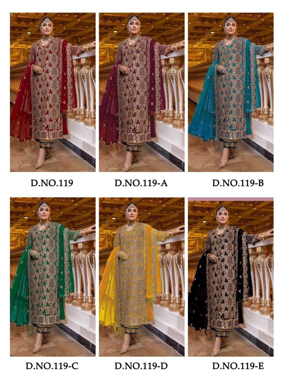 Kf-119 Colours By Fashid Wholesale 119 To 119-E Series Pakistani Suits Collection Beautiful Stylish Fancy Colorful Party Wear & Occasional Wear Georgette Embroidered Dresses At Wholesale Price
