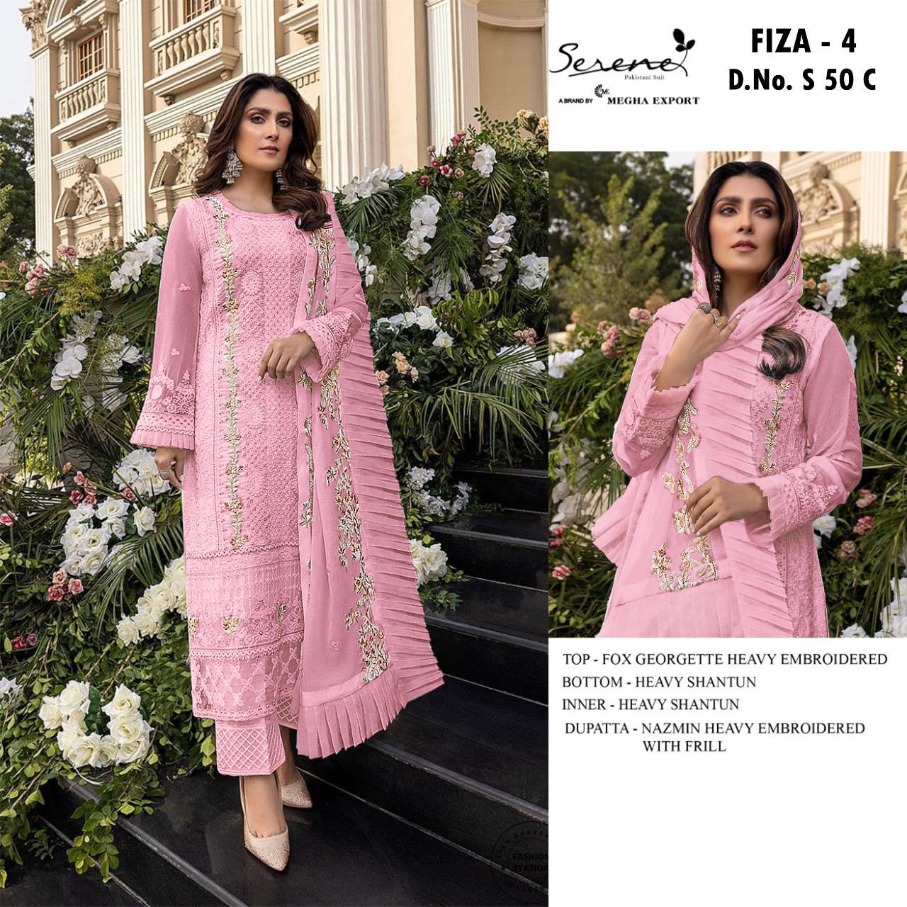 FIZA VOL-4 BY SERENE S-50-C TO S-50-F SERIES DESIGNER PAKISTANI SUITS COLLECTION BEAUTIFUL STYLISH FANCY COLORFUL PARTY WEAR & OCCASIONAL WEAR FAUX GEORGETTE EMBROIDERED DRESSES AT WHOLESALE PRICE