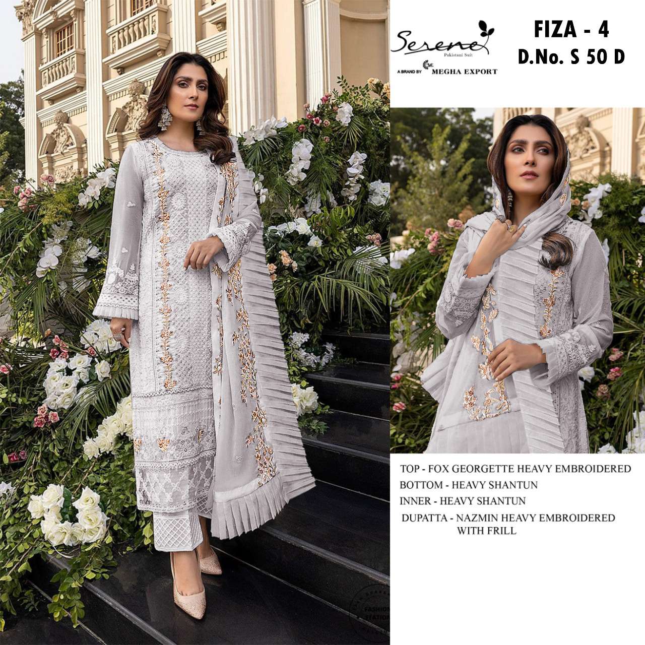 FIZA VOL-4 BY SERENE S-50-C TO S-50-F SERIES DESIGNER PAKISTANI SUITS COLLECTION BEAUTIFUL STYLISH FANCY COLORFUL PARTY WEAR & OCCASIONAL WEAR FAUX GEORGETTE EMBROIDERED DRESSES AT WHOLESALE PRICE