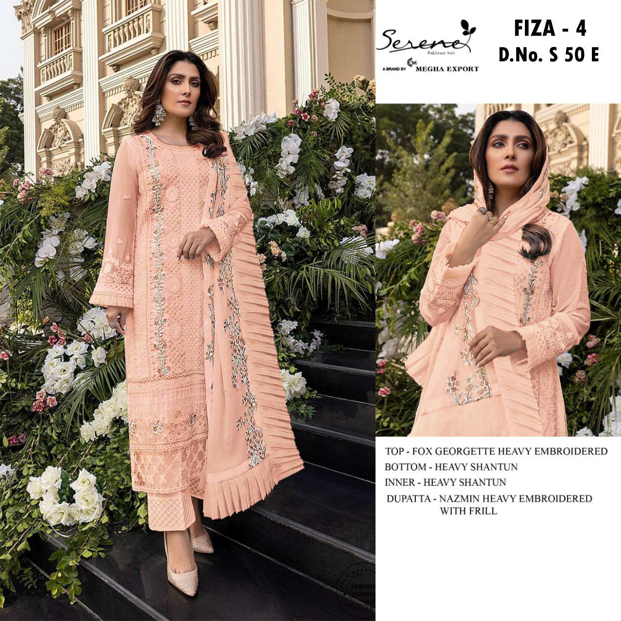 FIZA VOL-4 BY SERENE S-50-C TO S-50-F SERIES DESIGNER PAKISTANI SUITS COLLECTION BEAUTIFUL STYLISH FANCY COLORFUL PARTY WEAR & OCCASIONAL WEAR FAUX GEORGETTE EMBROIDERED DRESSES AT WHOLESALE PRICE