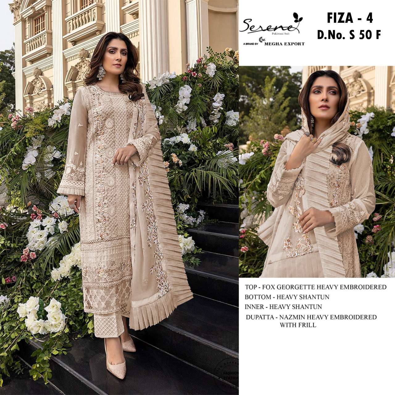 FIZA VOL-4 BY SERENE S-50-C TO S-50-F SERIES DESIGNER PAKISTANI SUITS COLLECTION BEAUTIFUL STYLISH FANCY COLORFUL PARTY WEAR & OCCASIONAL WEAR FAUX GEORGETTE EMBROIDERED DRESSES AT WHOLESALE PRICE